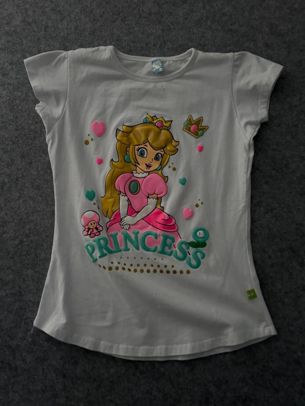 Nintendo Princess Peach Girls White Puff Sleeve Graphic Tee Shirt Size 14 Large